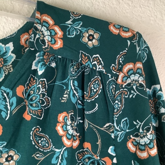 J JILL Wearever Jersey Knit Tunic Dark Green Floral Top 3/4 Sleeve Travel Work L - Picture 4 of 16